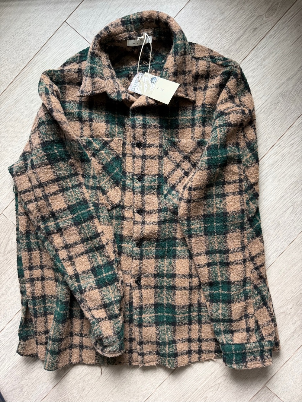 MNML Plaid Shacket in Tan and Green